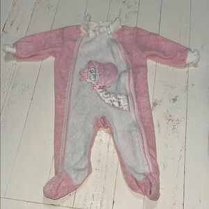 12m VTG 70s Terry cloth duck Pink&White babies One PC zipper sleepers w ruffles